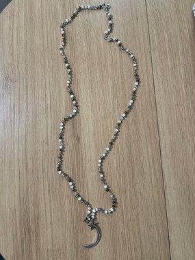 EXPRESS Beaded Moon & Star Pendant Necklace - White and Silver